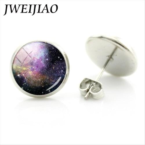 JWEIJIAO Fashion Color Round Stud Earrings Starry Sky Galaxy Pattern Glass Cabochon Dome Earrings Women Girls Gift MO55
