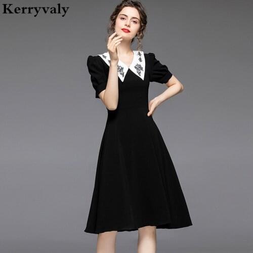 Summer Doll Collar Embroidery Black Evening Dress 2021 Hepburn Midi Puff Sleeve Graceful Party Dress Vestido De Verano K8613