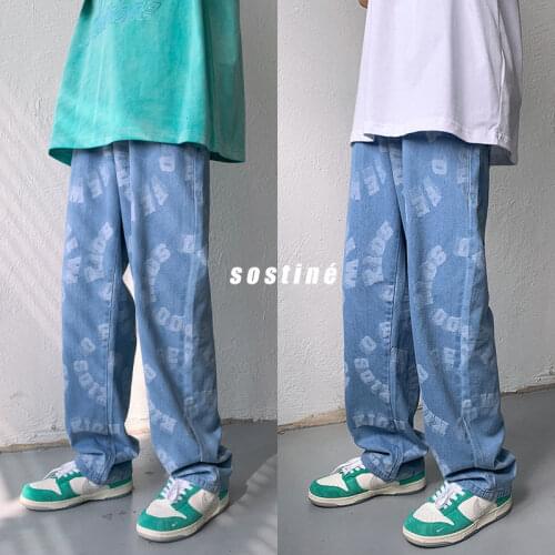 Mens Womens Jeans Harajuku Loose Straight Pants Korean Style Trousers Printed Couple Streetwear Casual Pants