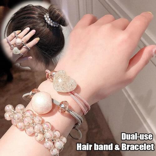 3pcs Multifunctional Crystal Pearl Hair Bands Set Women Bracelet Chain Hair Scrunchie Rope Ponytail Holders Jewelry Bands