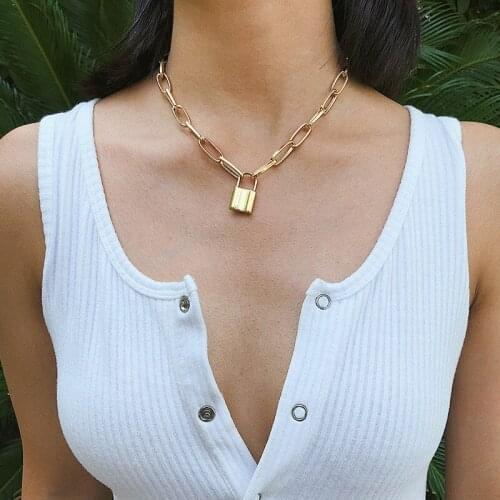 FNIO Rock Lock Choker Necklace Layered Chain On The Neck With Lock Punk Jewelry Men Key Padlock Pendant Necklace For Women Gift