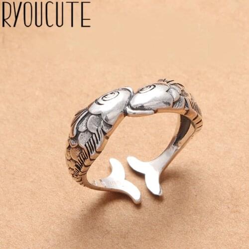 Punk Retro Silver Color Double Fish Rings for Women Boho Antique Rings Vintage Jewelry 2019