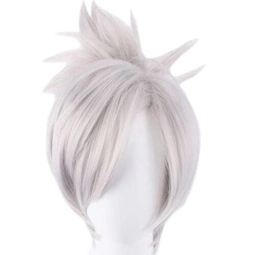 LOL Riven The blade of exile Cosplay wig Silver White Short Synthetic hair League of Legends Costume Wig With Chip Ponytail