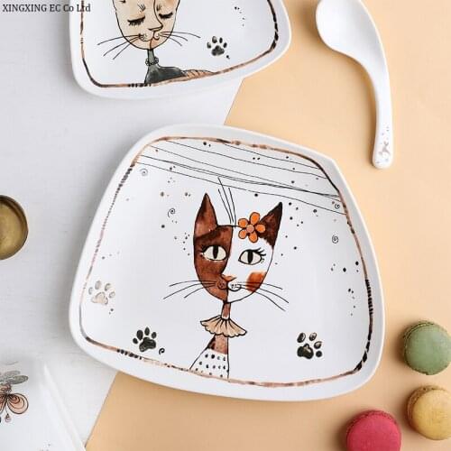Restaurant Supplies Cartoon Cats Tableware Bowls and Dishes Set Household Ceramic Bowl Plates Soup Noodle Bowl Fruit Plate