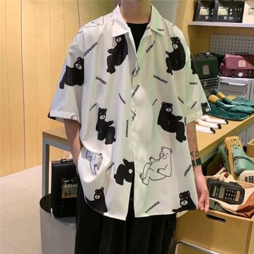 Short-sleeved Shirt Mens All-match Casual Print Bear Tops Trendy Coat Oversize Five-point Sleeve Loose Male Clothes Thin Summer