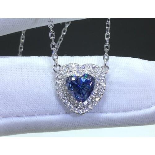Silver 925 Original 1 Carat Diamond Test Past High Quality Blue Heart Moissanite Pendant Necklace Sapphire Chain Valentines Day