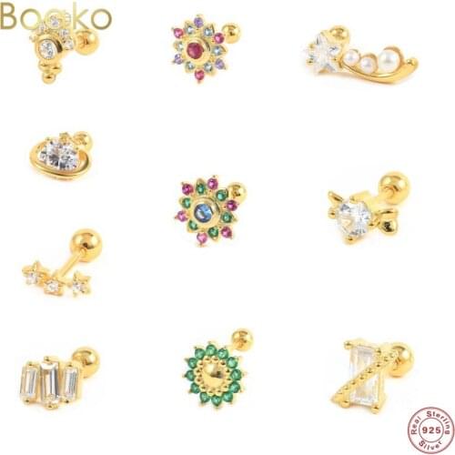 BOAKO 925 Sterling Silver Zircon Stud Earrings Piercing Spiral Perforated Cartilage Earrings Crystal Luxury Jewelry For Wedding