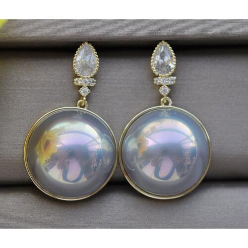 Z10893 Lustre 21mm Peacock-Gray Shell Mabe Pearl Chain Dangle Earring CZ