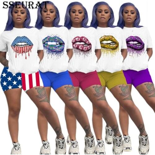SSEURAT 2021 Women Print 2 Pieces Sets Tracksuits Short Sleeve T-shirt Shorts 2 pcs Suit Fitness Sporty Outfits
