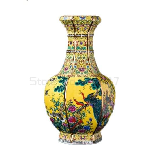 Traditional Chinese Antique Enamel Flower Hexagon Vase Ceramic Earth Vase Tall Porcelain Decorative Vase