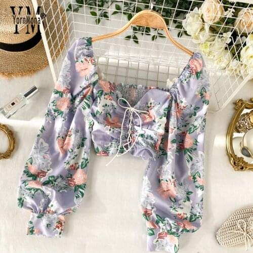 YornMona 2020 Sexy Women Tops Vintage Flower Print Bandage Blouse Top Ins Fashion Ladies Gothic Crop Tops Korean Purple Blouse
