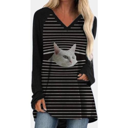 T-Shirt Women Classic Shirt Casual Circle Neck Collar Long Full Sleeves Loose Shirts Print Cat Solid Black Gray Plus Size 5XL