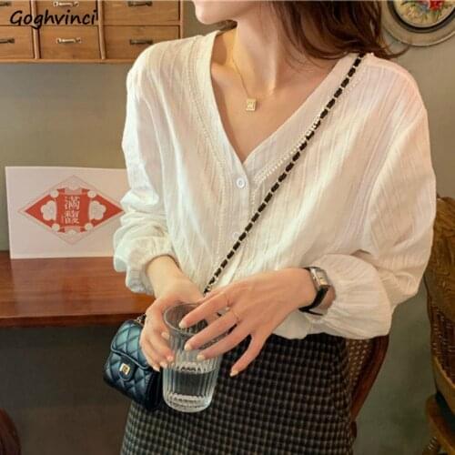 Shirts Women Single Breasted Solid White Lantern Sleeve V Neck Korean Style All-Match Loose Sweet Breathable Chic Simple Elegant