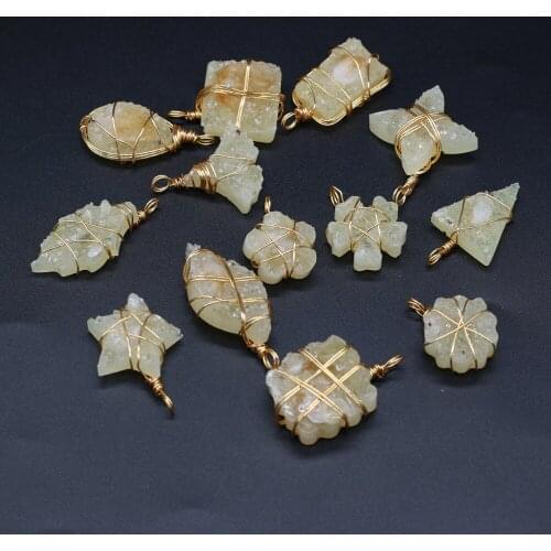 Natural Stone Druzy Pendants Irregular Gold Color Wire Wrap Citrines for Jewelry Making Diy Reiki Heal Earring Necklace