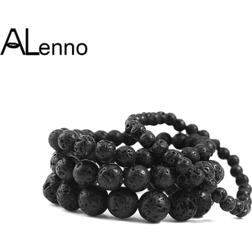 6mm/8mm/10mm/12mm Length 19CM Black Natural Lava Stone Bead Strand Yoga Charm Bracelets For Women Men ALenno Stone Jewelry Gift