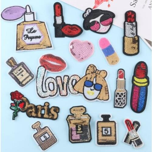 Sequins Lipstick Iron on Patches for Clothing Perfume Love Embroidery Patches Stickers Appliques on Backpack Badges Girl Patch