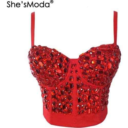 ShesModa Red Rinestone Hand-made Pearls Bralet Corselets Womens Bustier Bra Cropped Top Wedding Bralette Vest Plus Size
