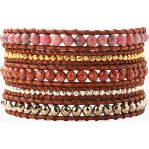 4mm natural pyrite mix Rhodochrosite stone ethniic wrap bracelet leather new usa