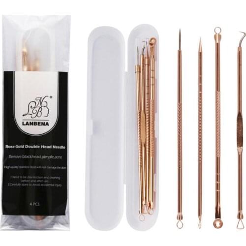 4pc Rose Gold Stainless Steel Acne Extractor Remover Blackhead Blemish Pimple Extractor Remover Needle Face Skin Care Tool TSLM