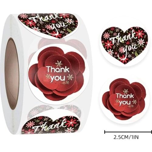 500pcs/roll Round Thank You Sticker Red Flowers for Business Packing Envelope Seal Labels Christmas Decor Stationery Stickers