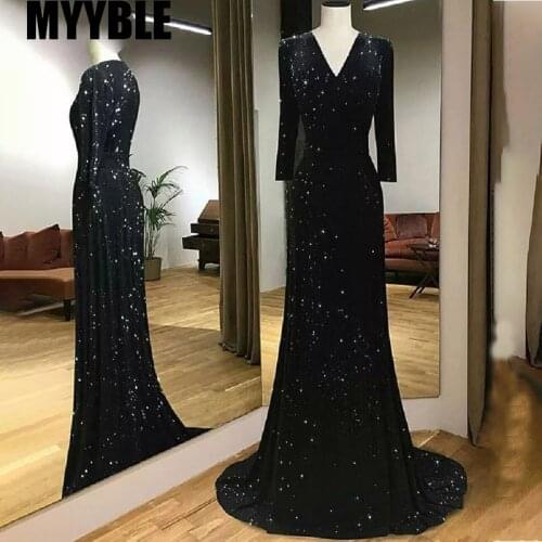 Sparkly Black Sequin Mermaid Evening Dresses Long Sleeves 2020 Elegant V-neck Plus Size Women Formal Party Gowns Long Prom Dress