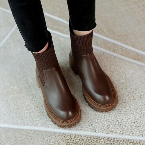 2021 Winter Women Shoes Genuine Leather Round Toe Chunky Heel Women Boots Fashion Retro Platform Boots Shoes