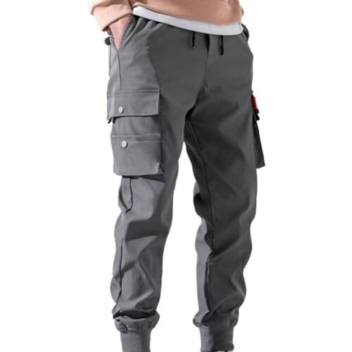 80%HOT Men Pants Multi Pockets Elastic Waistband Cotton Blend Ankle Tied Sports Jogging Trousers for Sports