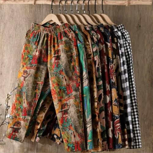 Fashion Printed Cotton Linen Harem Pants for Women 2021 Summer Casual High Waist Calf-Length Loose Trousers Female Streetwear