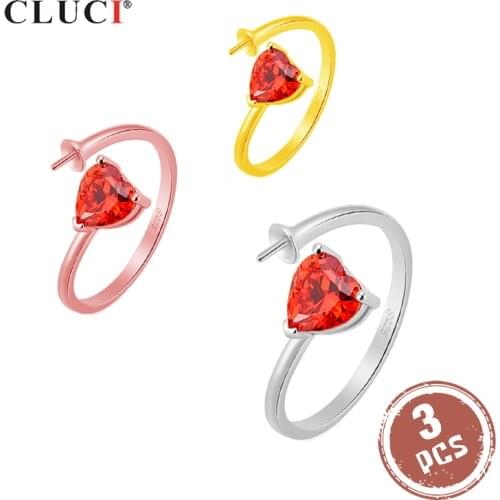CLUCI 3pcs 925 Sterling Silver Red Zircon Rings for Women Silver 925 Pearl Ring Mounting Adjustable Red Heart Ring SR2140SB