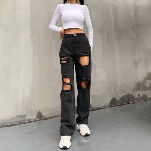 Jeans Women Denim Hole Ripped Korean Trendy Retro Pants Harajuku Woman Streetwear Zipper Button Pockets Straight Casual Trousers