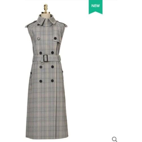 Plaid windbreaker vest women trench coats spring 2021 new mid-length temperament self-cultivation British style striped skirt