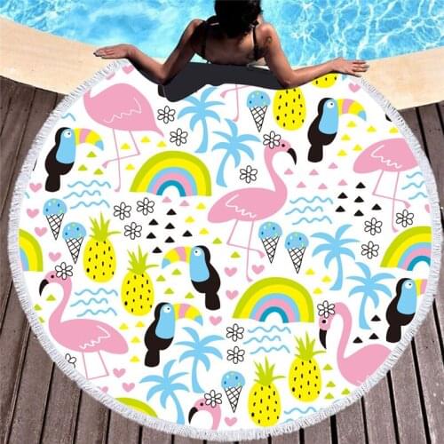 Microfiber Round Large Beach Towel Cartoons Flamingo Beach Towelwith Tassel Bohemian Picnic Yoga Mat Swimming travel towel 150CM