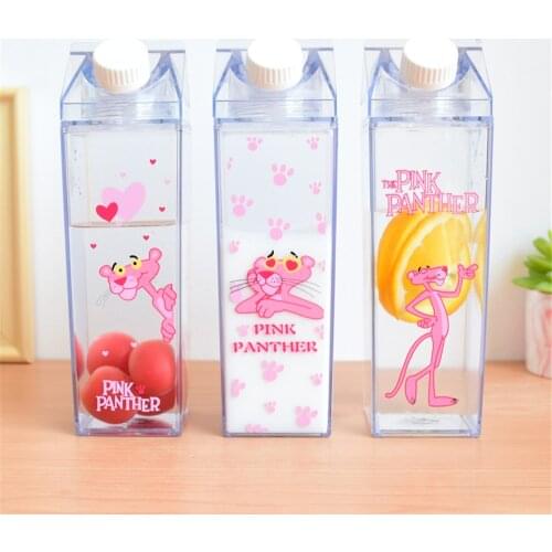 Cartoon Pink Panther Water Bottles Scandinavian Chic Transparent Plastic Juice Beer Bottles Unique Milk Box Shape Drink Bottle
