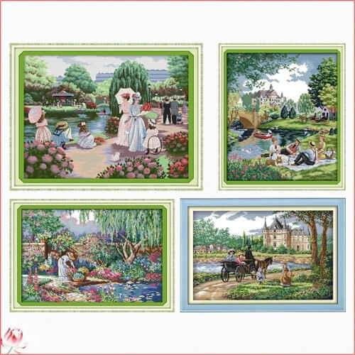 Joy Sunday Suburban Scenery Cross Stitch Kit 14ct 11ct Printed Fabric Embroidery Kit DIY Handmade Needlework Home Decoration