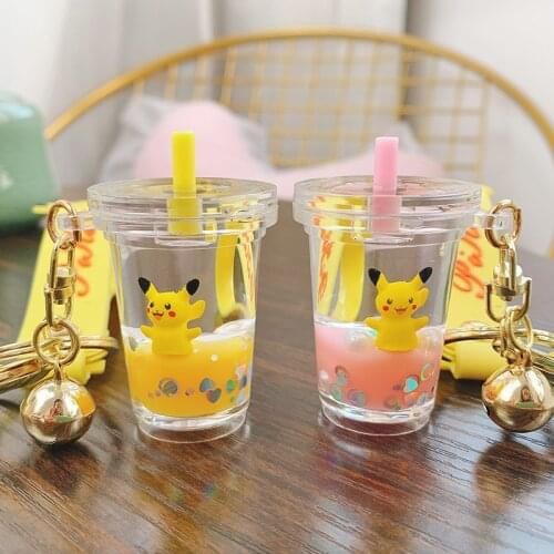 Pokemon Pikechu New Creative Crystal Milk Tea Ice Cream Toy Keychain Mobile Liquid Quicksand Ladies Bag Accessories Small Gifts