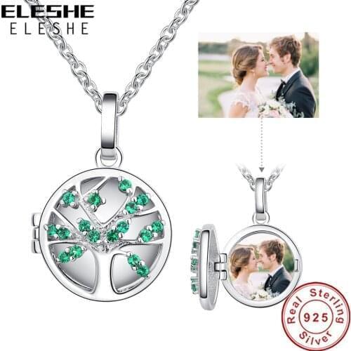 ELESHE Fashion Green Crystal Family Tree Round Custom Photo Pendant Necklace 925 Sterling Silver Personalized Jewelry For Women