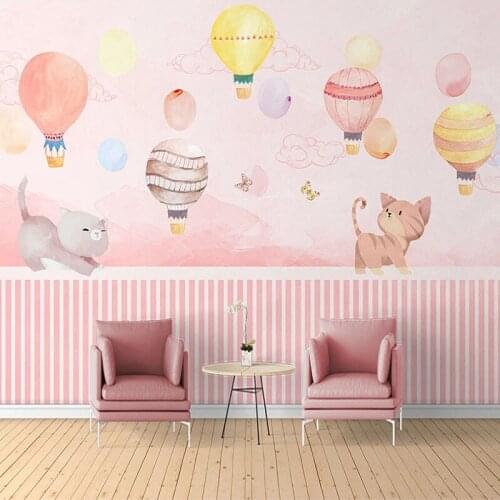 Custom Photo 3D Cartoon Cat Hot Air Balloon Pink Princess Room Children Room Bedroom Background Wall Decoration Mural Wallpaper