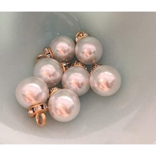 20pcs 10mm Full Round White Faux Pearl Bridal Buttons with Diamond Small Antique Ornament Shirt Sewing Clothing Gold Shank