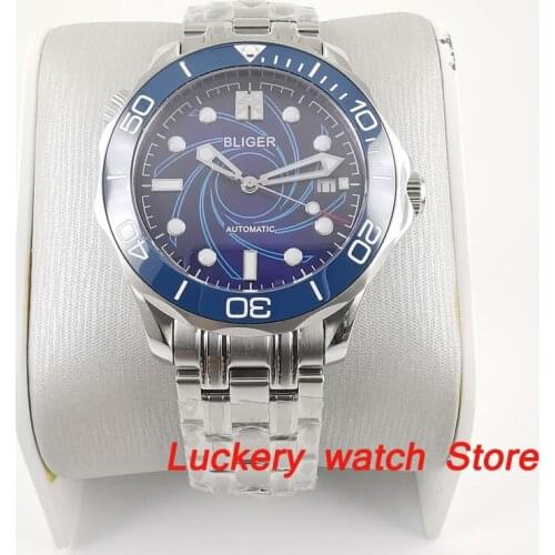41mm bliger luxury mens watch blue dial saphire glass；Spin Ceramic Bezel Stainless steel strap Automatic movement mens watches