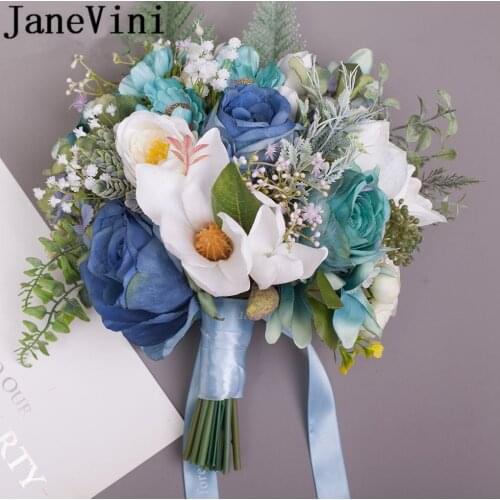 JaneVini Beach Blue Wedding Bridal Flower Bouquets Wedding Accessories Artificial Rose Ribbon Handle Green Plant Bride Bouquet