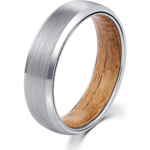 POYA TUNGSTEN Ring for Women 6 mm Whiskey Barrel Wood Inlay Wedding Band Beveled Comfort Fit