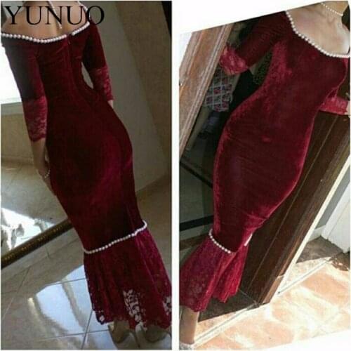 YuNuo Burgundy Evening Dresses 3/4 Sleeve Velvet Party Gown High Neck Pearls Lace Mermaid Formal Evening Gowns Dresses N33