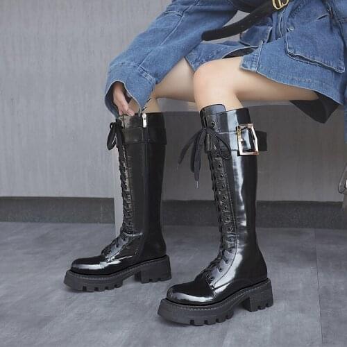 Luxury brand 2021 new winter riding boots womens shoes genuine leather buckle metal knee high boots female high boots femme