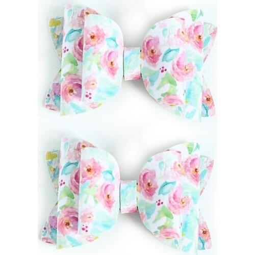 2PCS Lovely Flower Print Leather Bow Barrettes Headwear Hairpins Daily Hair Accessories Girls Kids Children Cute Side Hair Clips