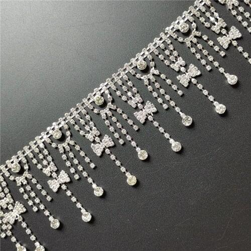 30cm Tassel Crystal Rhinestone Fringe Trim Silver Bow Crystal Decorative Metal Chain For Clothes Dress Bag Shoes Accessories
