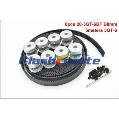 8pcs 20 Teeth 3GT Timing Pulley Bore 5/6.35/8mm + 5meters 3GT Rubber Timing Belt W=6mm 20T 20T GT3 Pulley 3D Printer Parts