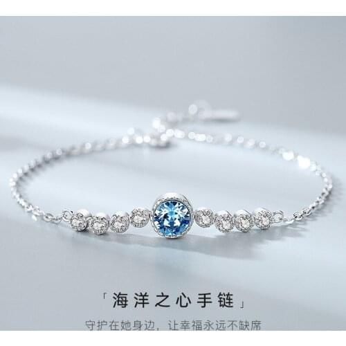 Original Ocean Heart Sterling Silver Bracelet Ladies Wild High-end Gemstone Crystal Bracelet Jewelry Gift Jewelry