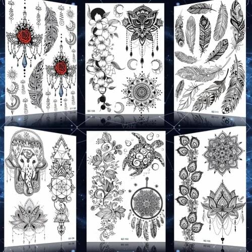 Black Lace Mandala Henna Flower Temporary Tattoo For Girls Moth Dream Catcher Tattoos Stickers For Women Body Arm Custom Tatoos
