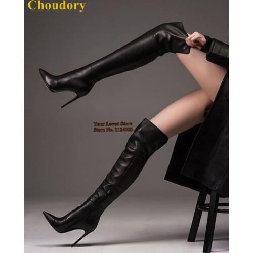 Choudory Black Matte Leather Over The Knee Boots Pointy Toe Stiletto Heels Dress Boots Zipper High Boots Slim Fit Autumn Shoes
