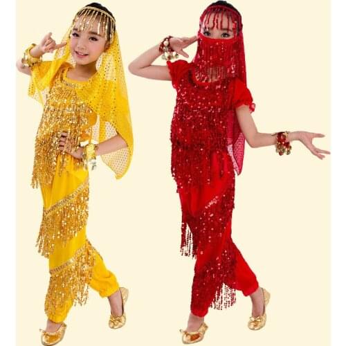 5 Pcs Sequin Child Belly Dance Costume Girl Tassel Indian Dance Costume Kids Bollywood Dance Clothing Set Bellydance Dress 89